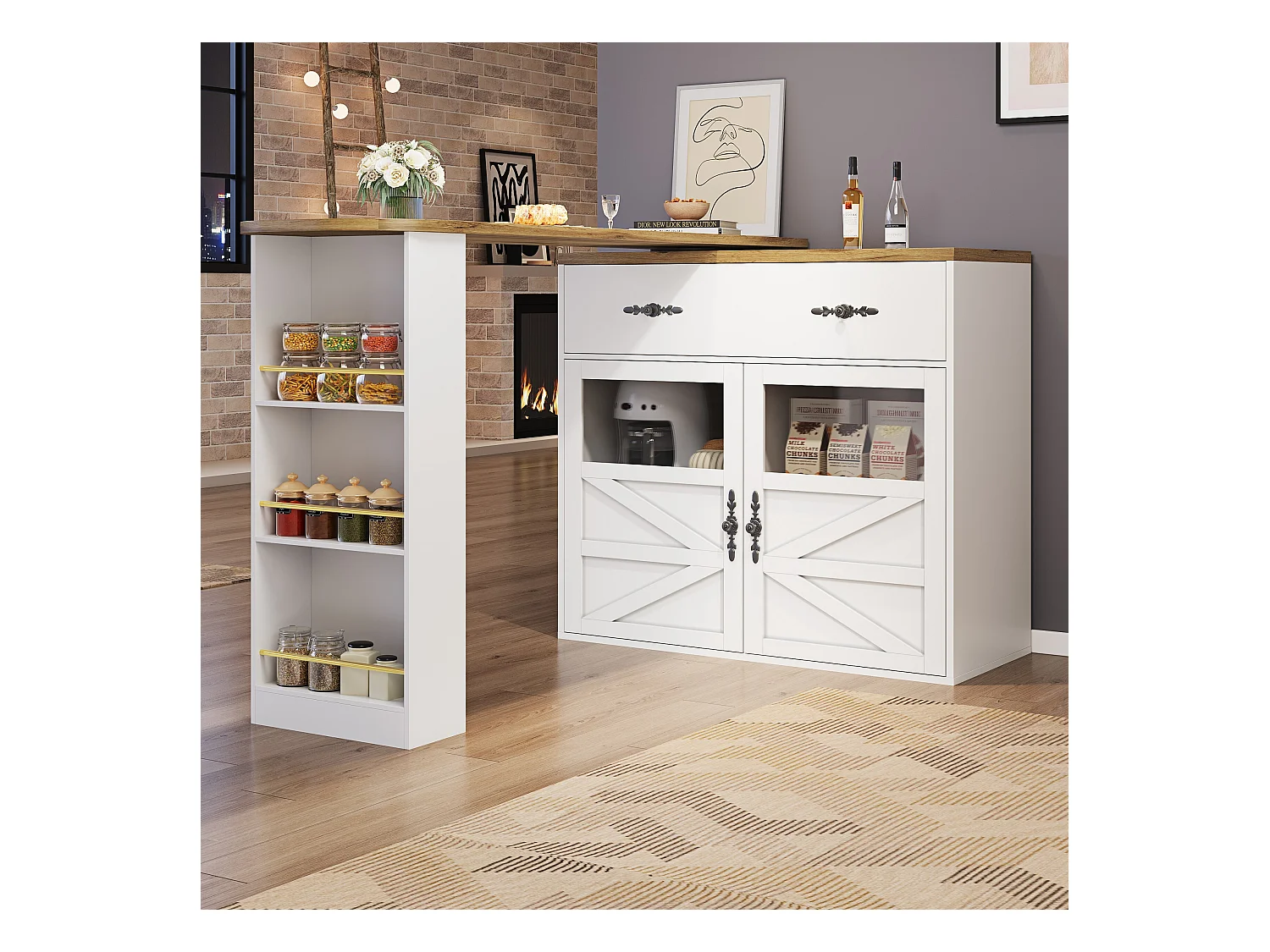 Buffet pivotant avec 1 tiroir, 2 portes et étagères, blanc - pour salle à manger et salon