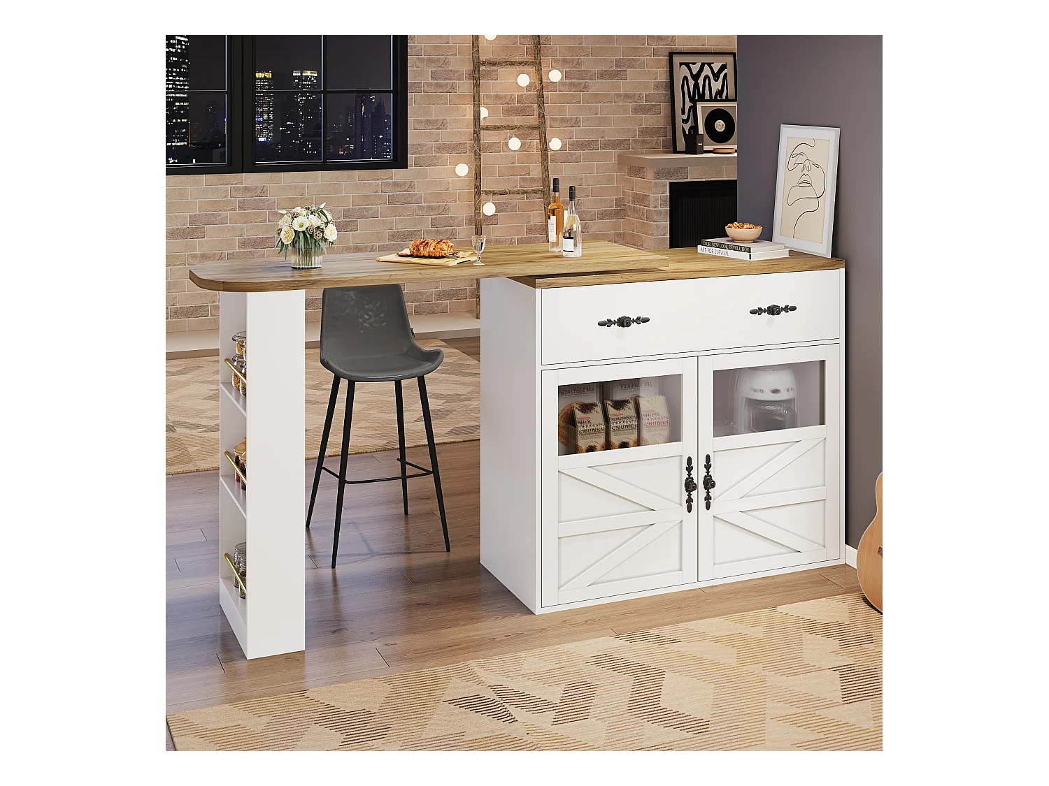 Buffet pivotant avec 1 tiroir, 2 portes et étagères, blanc - pour salle à manger et salon