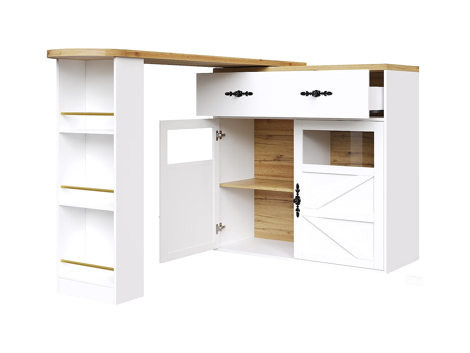 Buffet pivotant avec 1 tiroir, 2 portes et étagères, blanc - pour salle à manger et salon