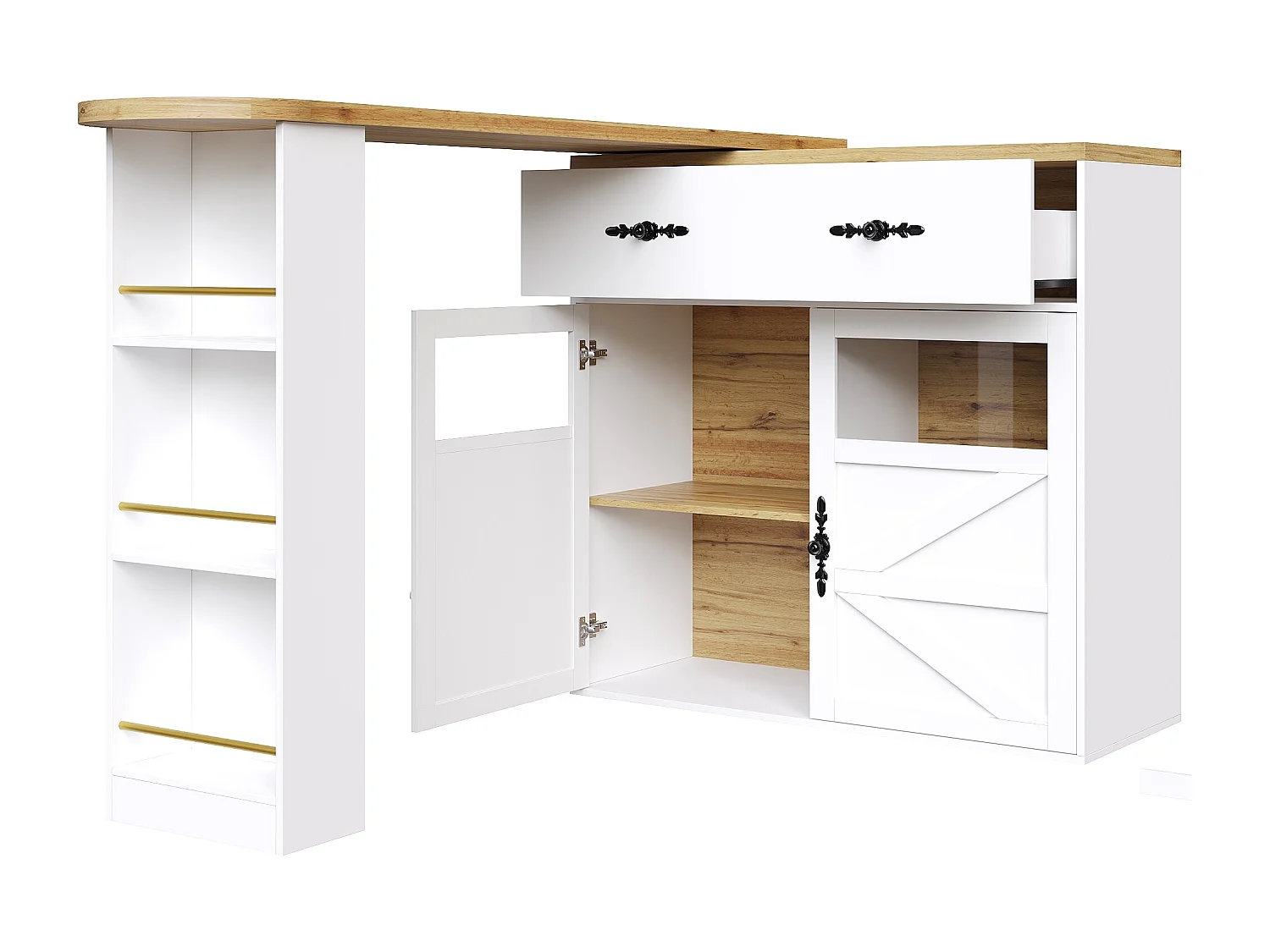 Buffet pivotant avec 1 tiroir, 2 portes et étagères, blanc - pour salle à manger et salon