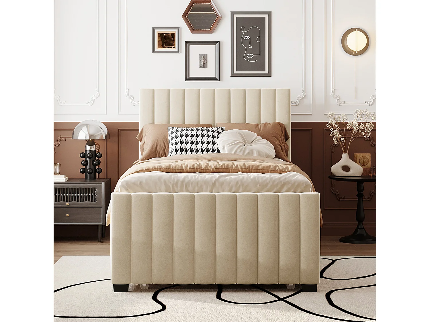 Kinderbed 90x190 cm in beige fluweel met lattenbodem en onderschuifbed – Zonder matras