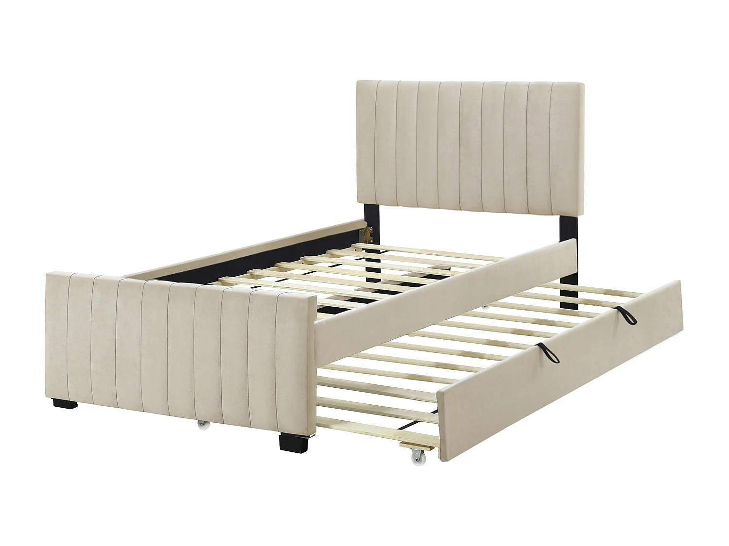 Kinderbed 90x190 cm in beige fluweel met lattenbodem en onderschuifbed – Zonder matras
