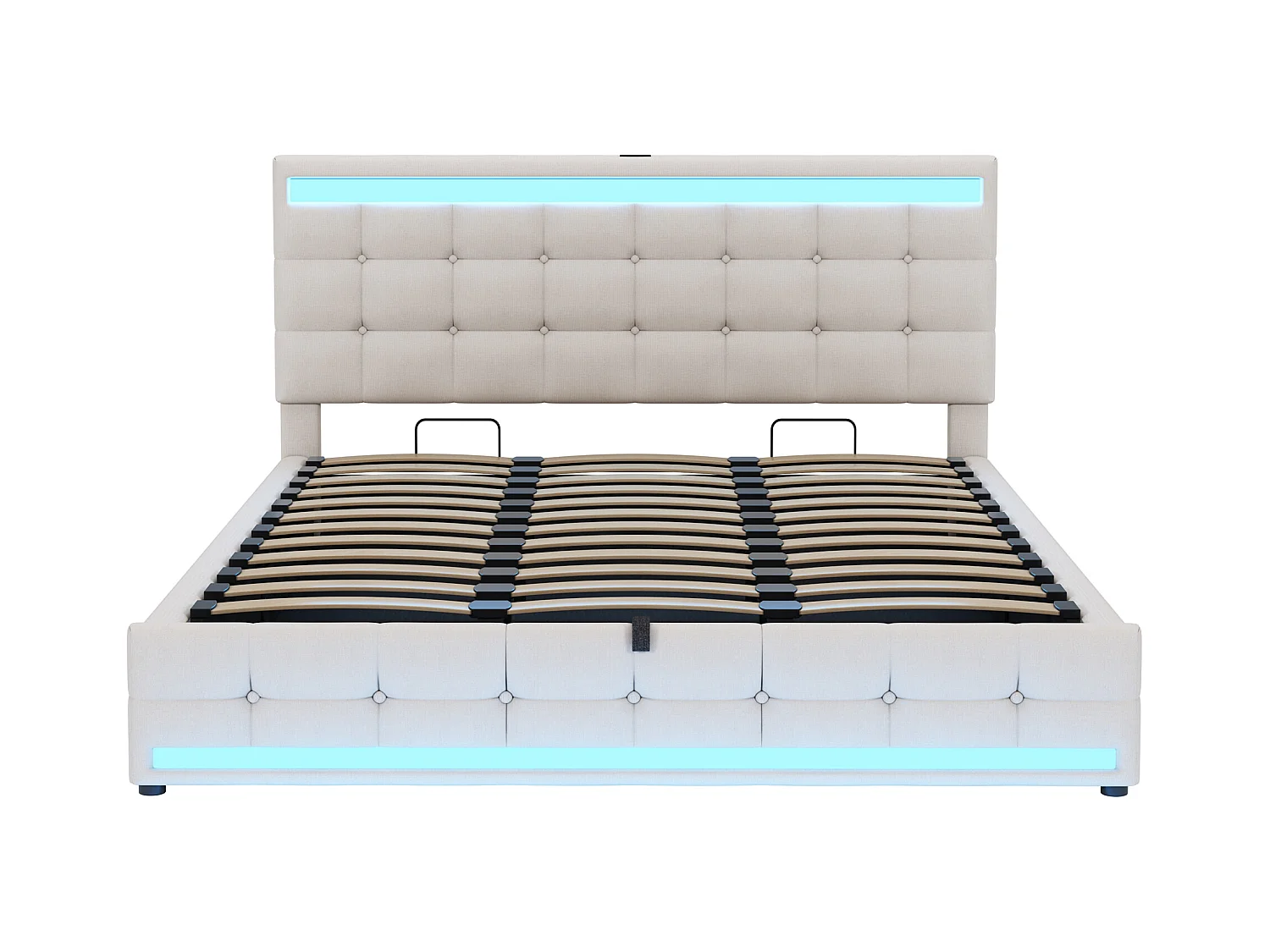 Lit coffre 180x200 cm, lin beige, Lit double avec éclairage LED et ports USB - sans matelas