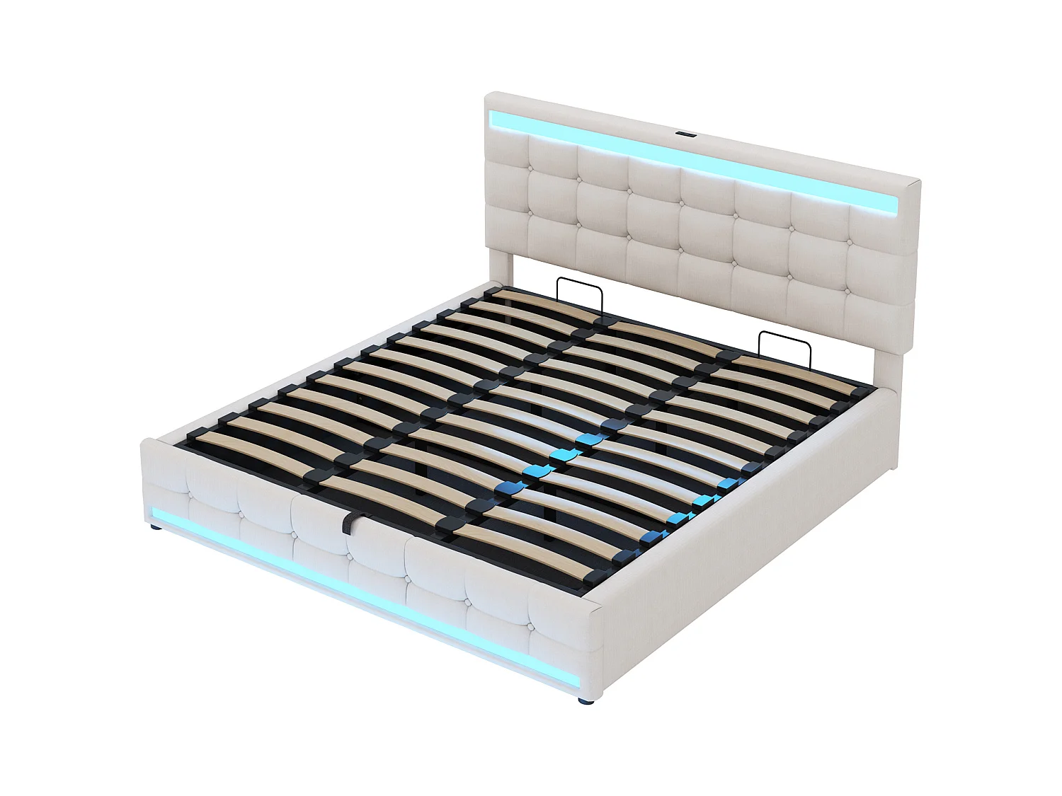 Lit coffre 180x200 cm, lin beige, Lit double avec éclairage LED et ports USB - sans matelas