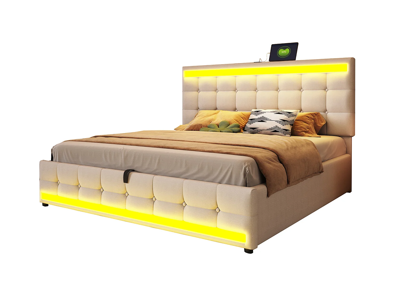 Lit coffre 180x200 cm, lin beige, Lit double avec éclairage LED et ports USB - sans matelas