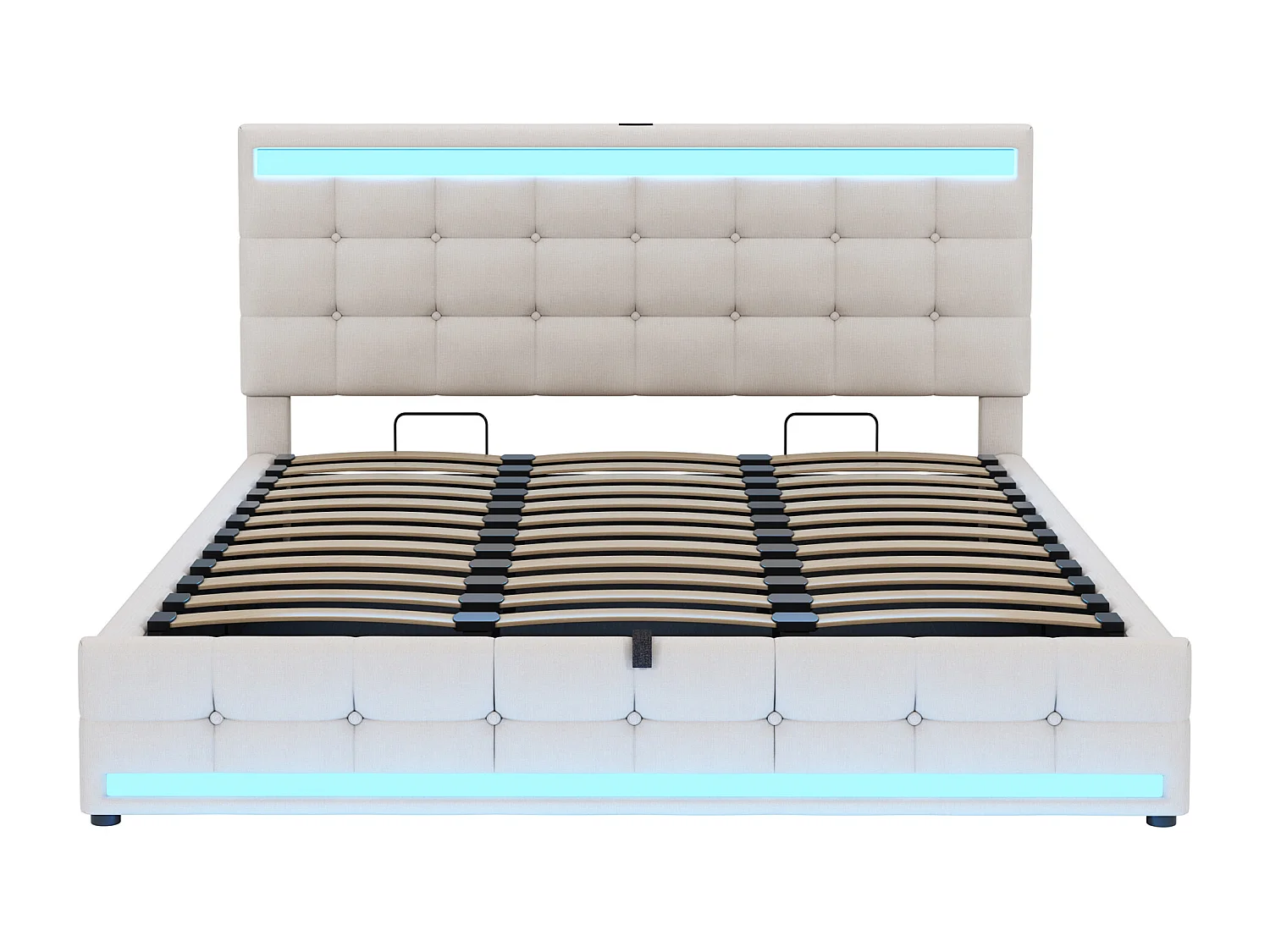 Opbergbed, 180x200cm, beige linnen, tweepersoonsbed, ledverlichting en USB-aansluitingen - matras niet inbegrepen