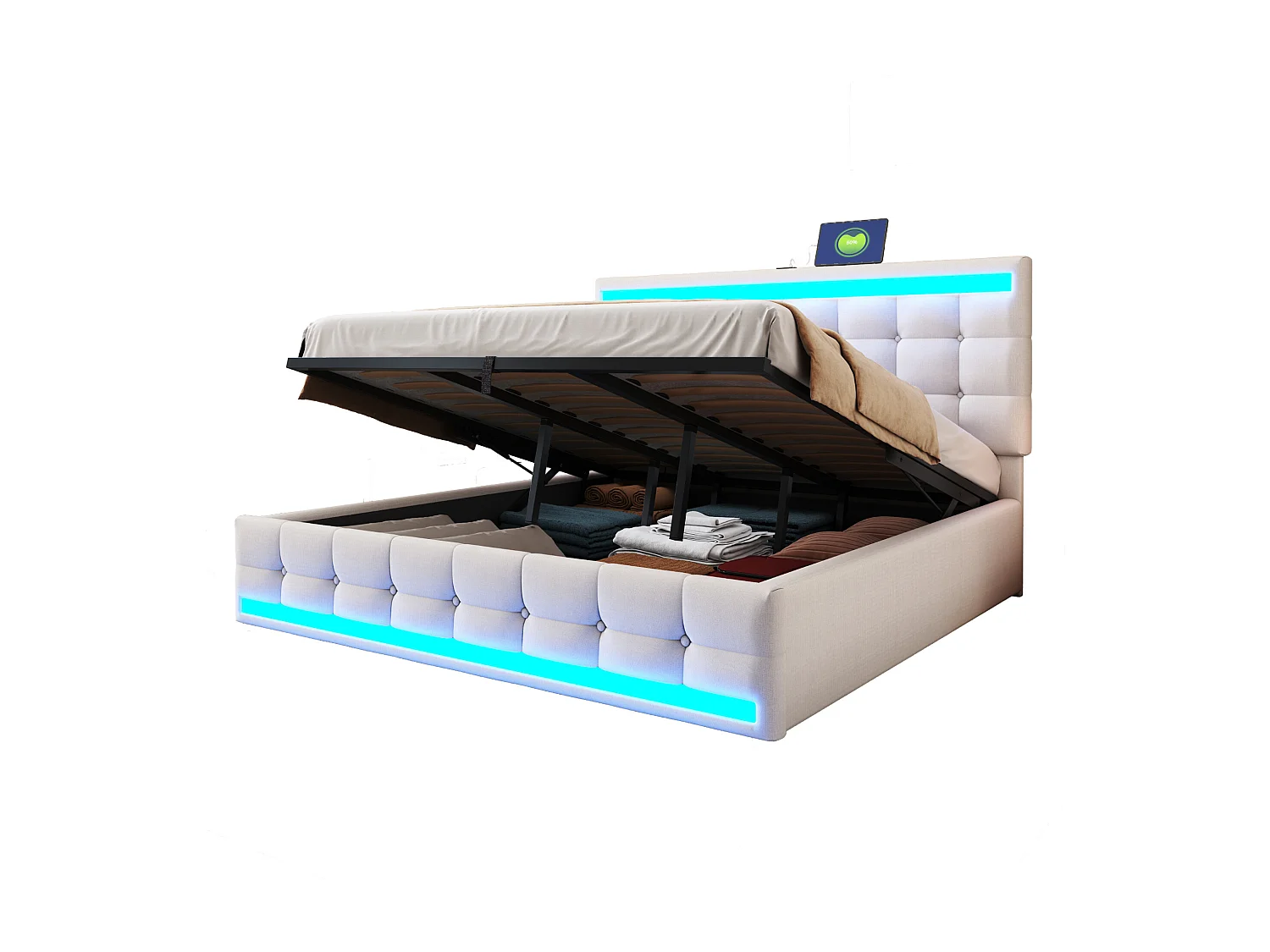 Opbergbed, 180x200cm, beige linnen, tweepersoonsbed, ledverlichting en USB-aansluitingen - matras niet inbegrepen