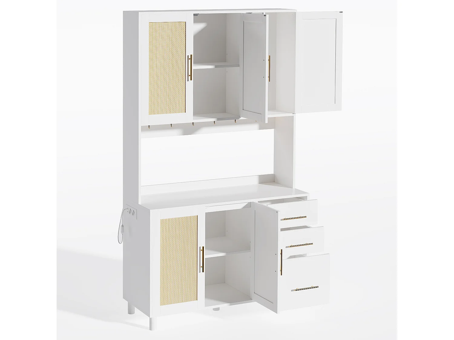 183 cm Küchen-Sideboard mit LED-Beleuchtung, USB-Anschlüssen, verstellbaren Einlegeböden und 3 Schubladen – Weiß