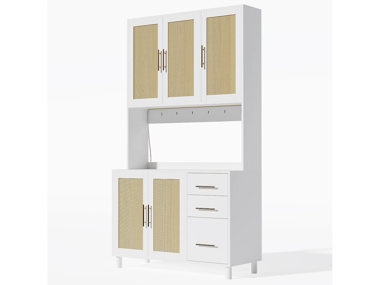 183 cm Küchen-Sideboard mit LED-Beleuchtung, USB-Anschlüssen, verstellbaren Einlegeböden und 3 Schubladen – Weiß