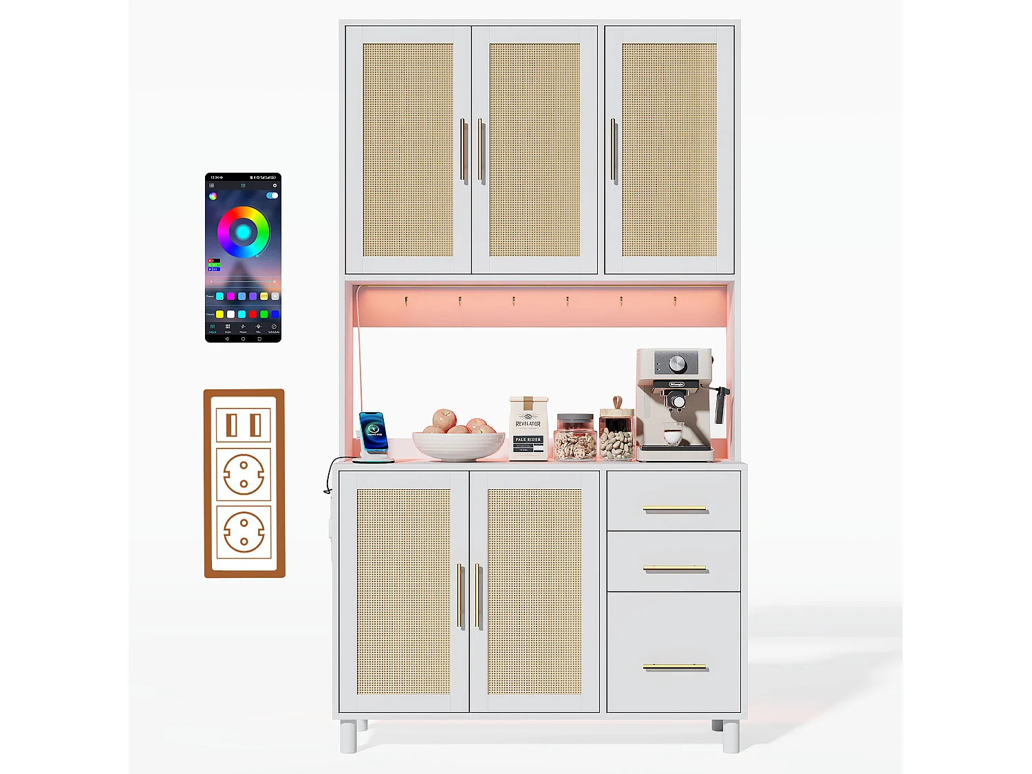 183 cm Küchen-Sideboard mit LED-Beleuchtung, USB-Anschlüssen, verstellbaren Einlegeböden und 3 Schubladen – Weiß