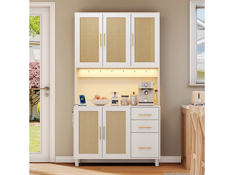 Buffet haut avec LED, prises USB, étagères réglables et 3 tiroirs - blanc