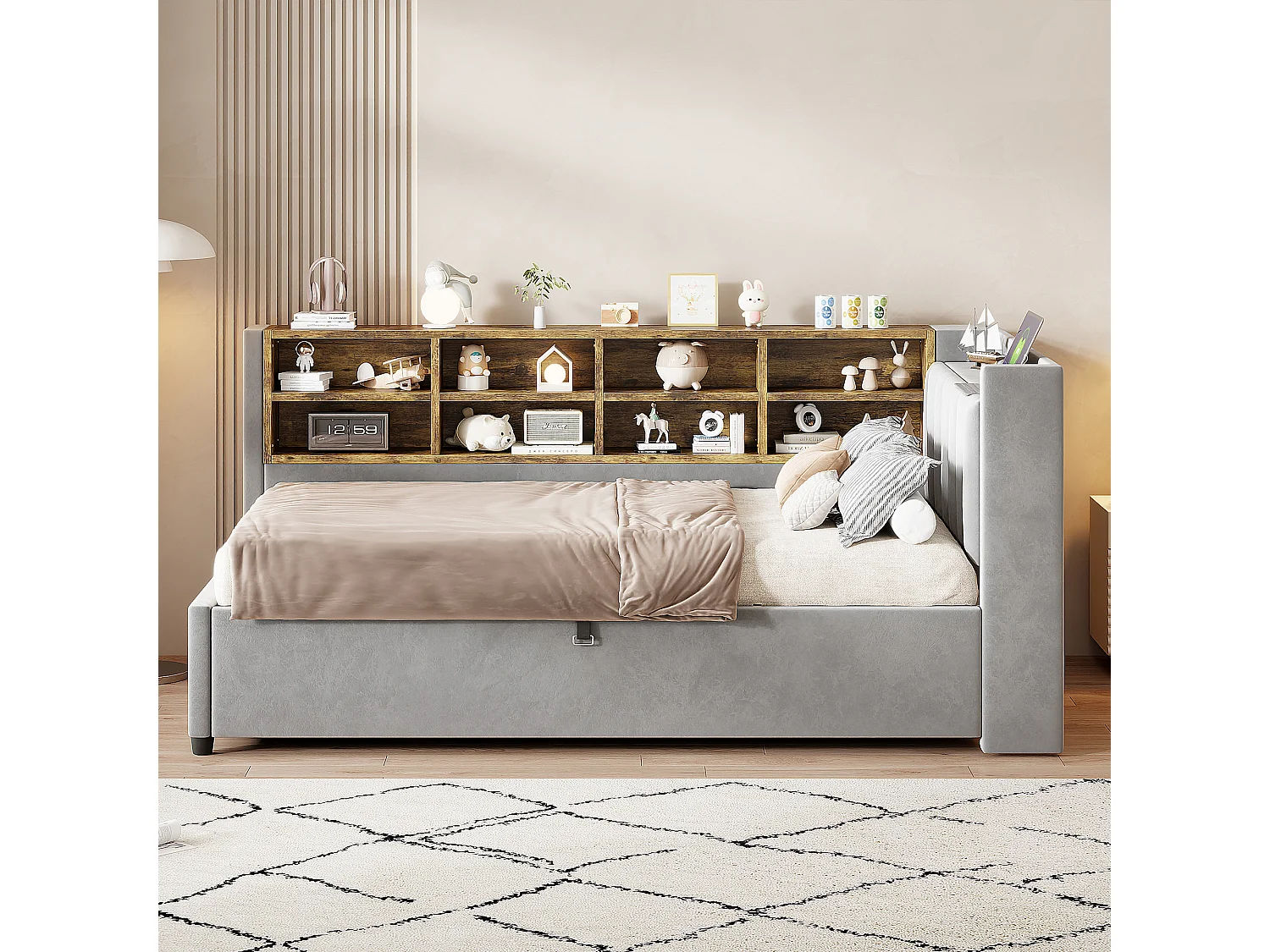Lit banquette 90x200 cm, velours gris clair, lit coffre avec LED et USB, étagère de rangement - sans matelas
