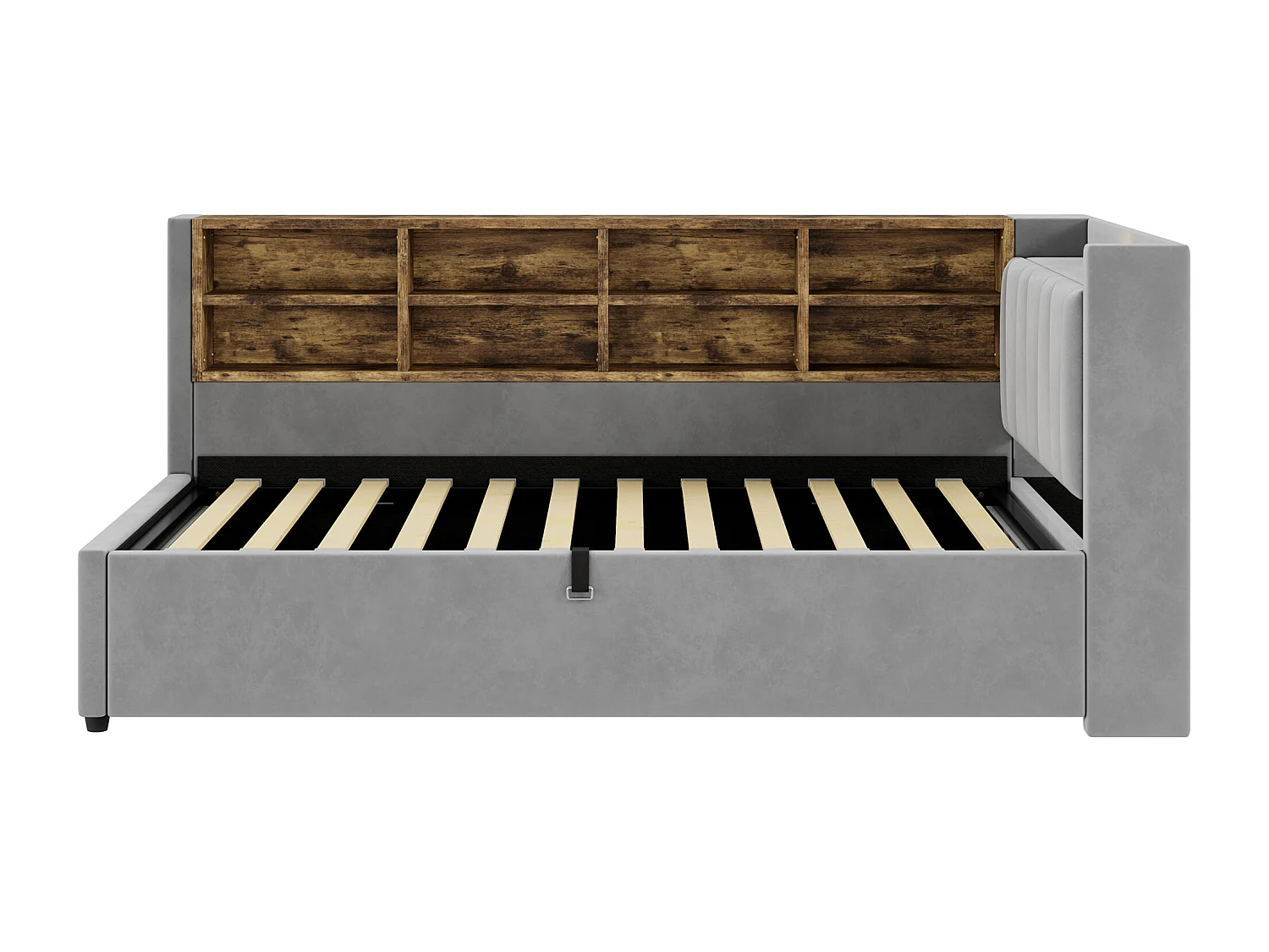 Lit banquette 90x200 cm, velours gris clair, lit coffre avec LED et USB, étagère de rangement - sans matelas