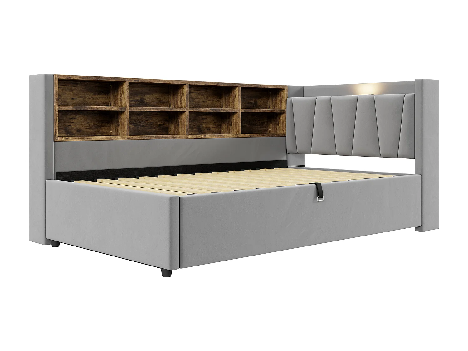 Lit banquette 90x200 cm, velours gris clair, lit coffre avec LED et USB, étagère de rangement - sans matelas
