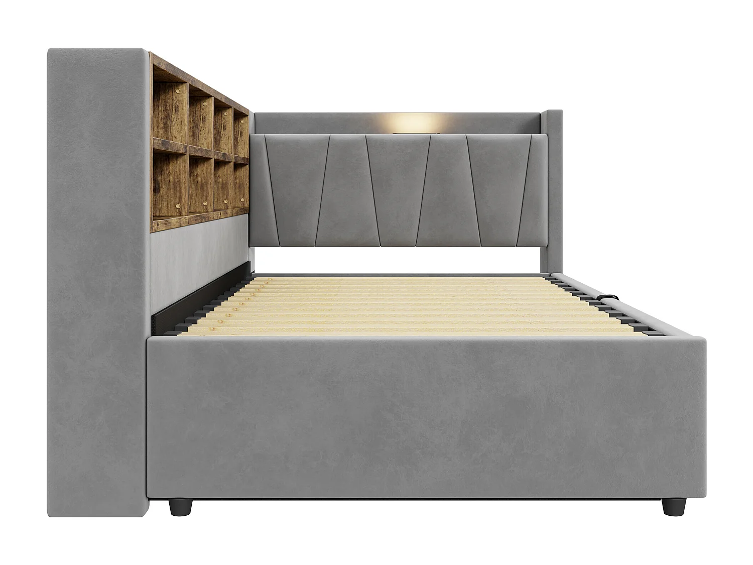 Lit banquette 90x200 cm, velours gris clair, lit coffre avec LED et USB, étagère de rangement - sans matelas