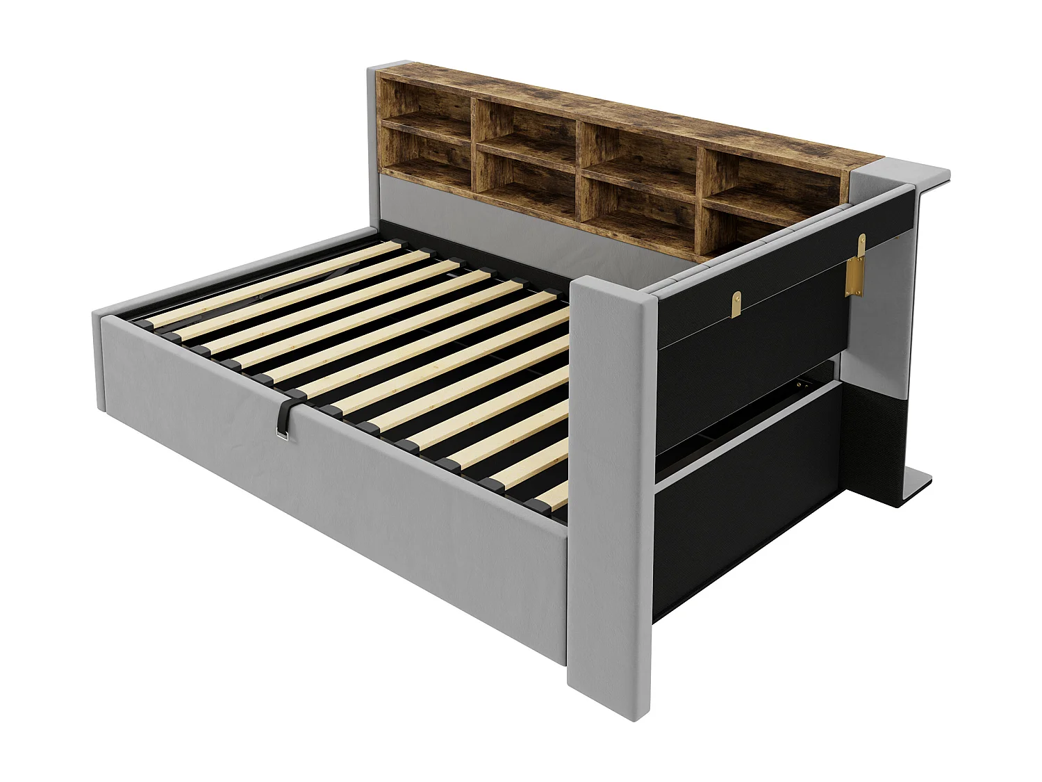 Lit banquette 90x200 cm, velours gris clair, lit coffre avec LED et USB, étagère de rangement - sans matelas