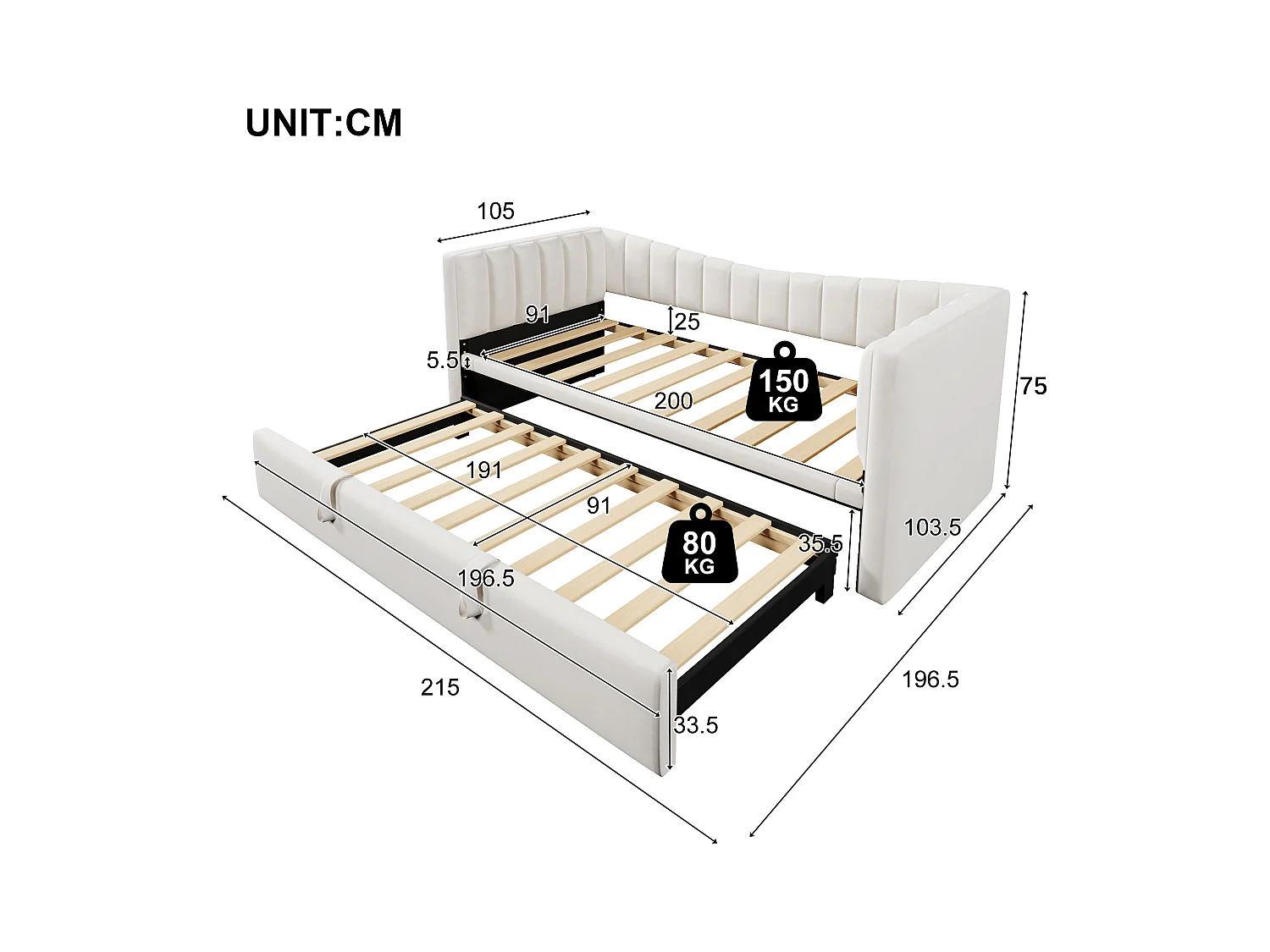 Lit banquette 90/180x200 cm, velours blanc, lit double avec lit gigogne et sommier à lattes - sans matelas