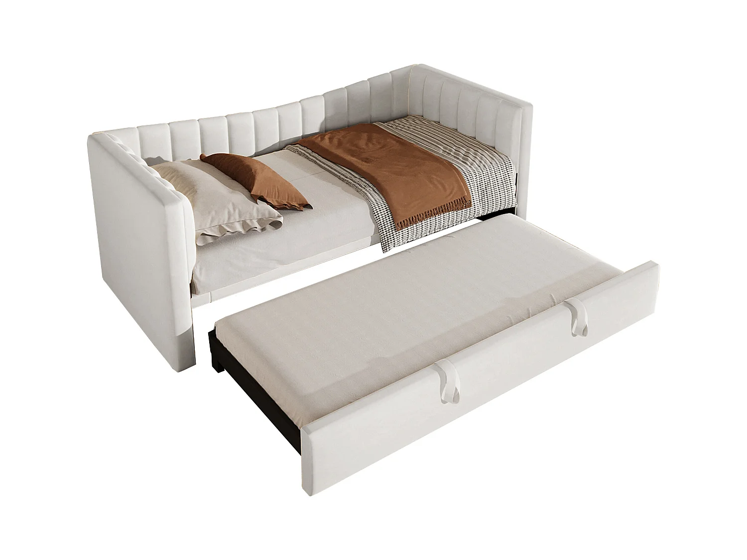 Lit banquette 90/180x200 cm, velours blanc, lit double avec lit gigogne et sommier à lattes - sans matelas