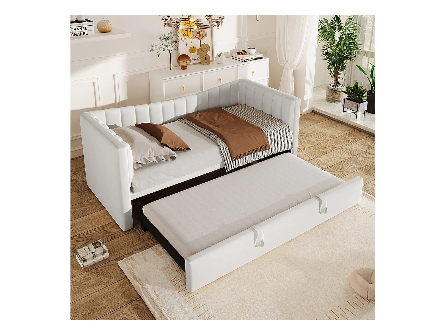 Slaapbank 90/180x200 cm, wit fluweel, tweepersoonsbed met uitschuifbaar bed en lattenbodem - zonder matras