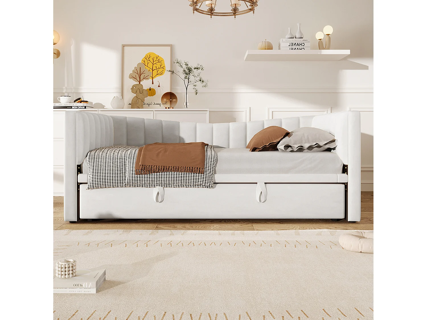 Slaapbank 90/180x200 cm, wit fluweel, tweepersoonsbed met uitschuifbaar bed en lattenbodem - zonder matras