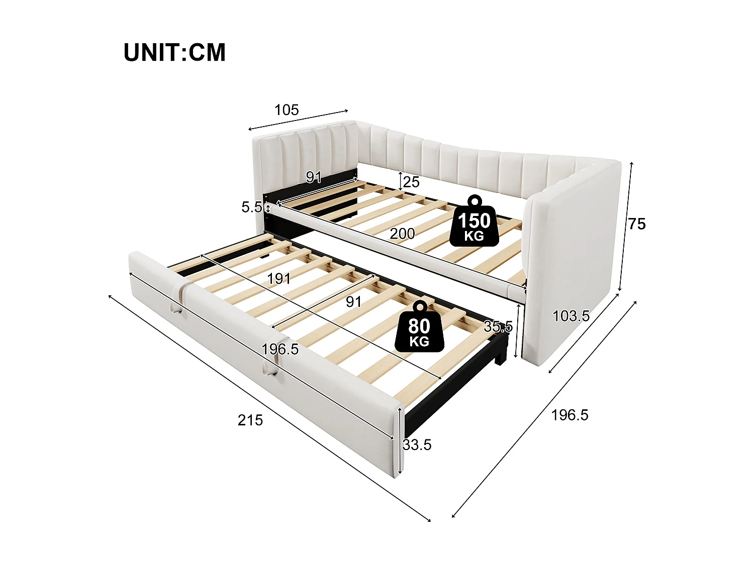 Slaapbank 90/180x200 cm, wit fluweel, tweepersoonsbed met uitschuifbaar bed en lattenbodem - zonder matras