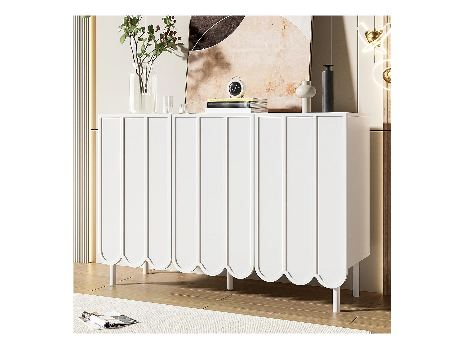 Buffet blanc avec trois portes à rayures et étagères réglables - pour salon et salles à manger