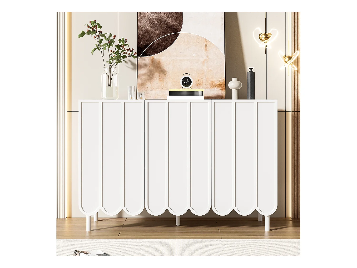 Wit dressoir met 3 gestreepte deuren en verstelbare planken - perfect voor woon- en eetkamers