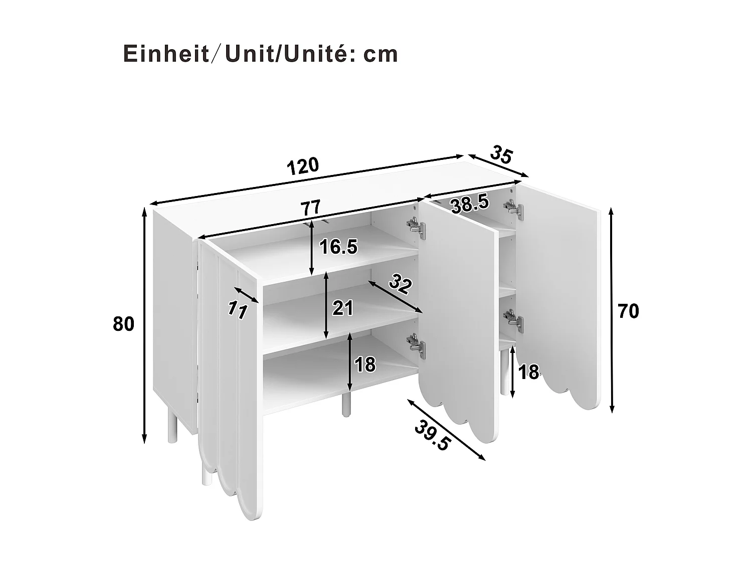 Weißes Sideboard mit 3 gestreiften Türen und verstellbaren Einlegeböden – ideal für Wohn- und Esszimmer