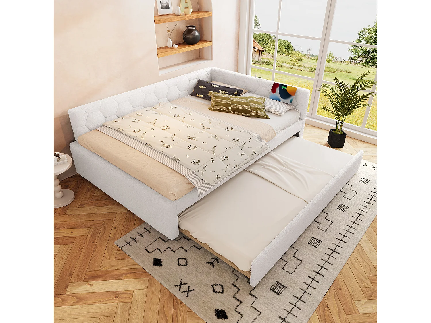 Lit banquette 140x200 cm, peluche blanche, lit gigogne avec lampe de chevet et USB - sans matelas