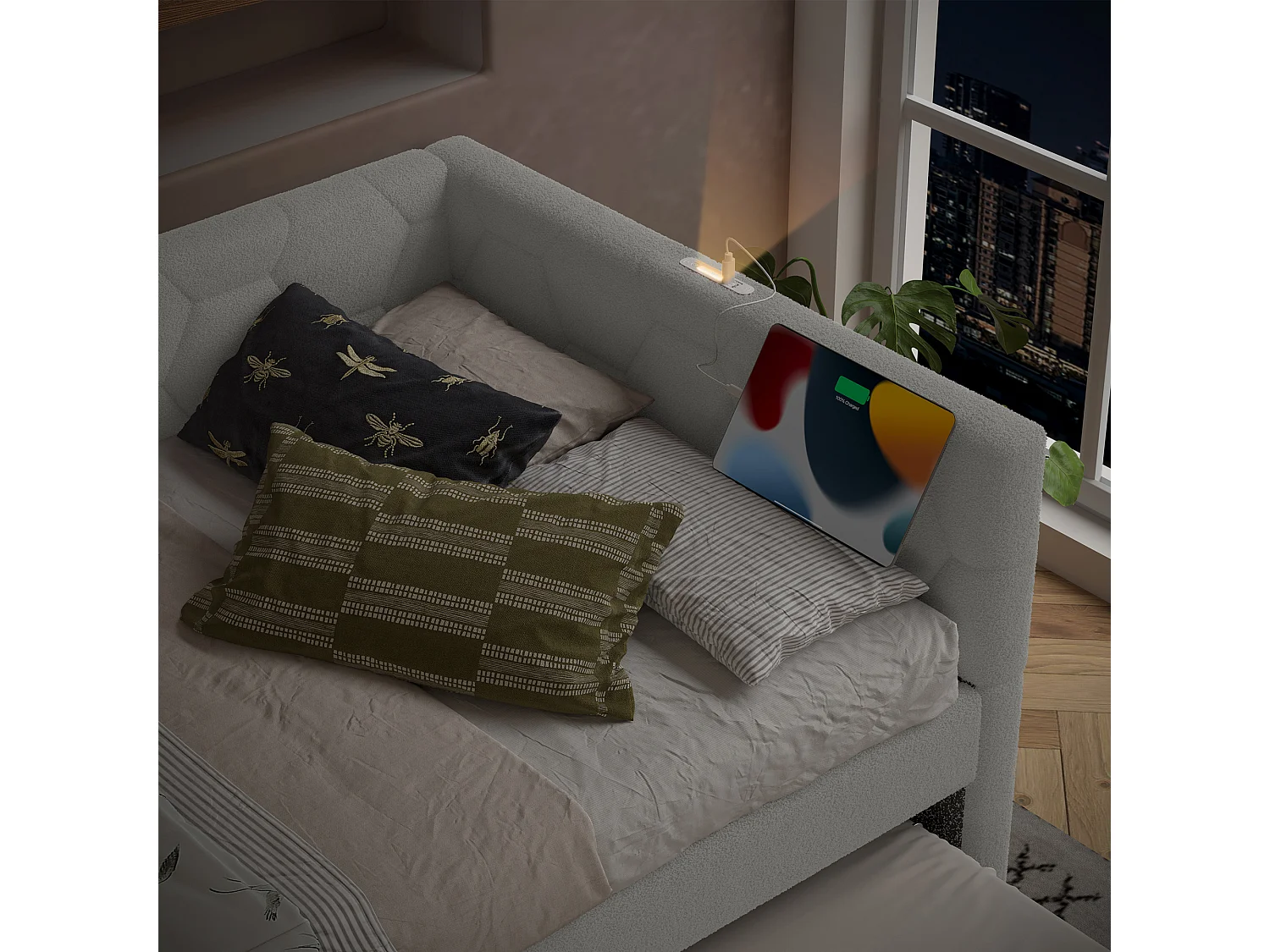 Lit banquette 140x200 cm, peluche blanche, lit gigogne avec lampe de chevet et USB - sans matelas