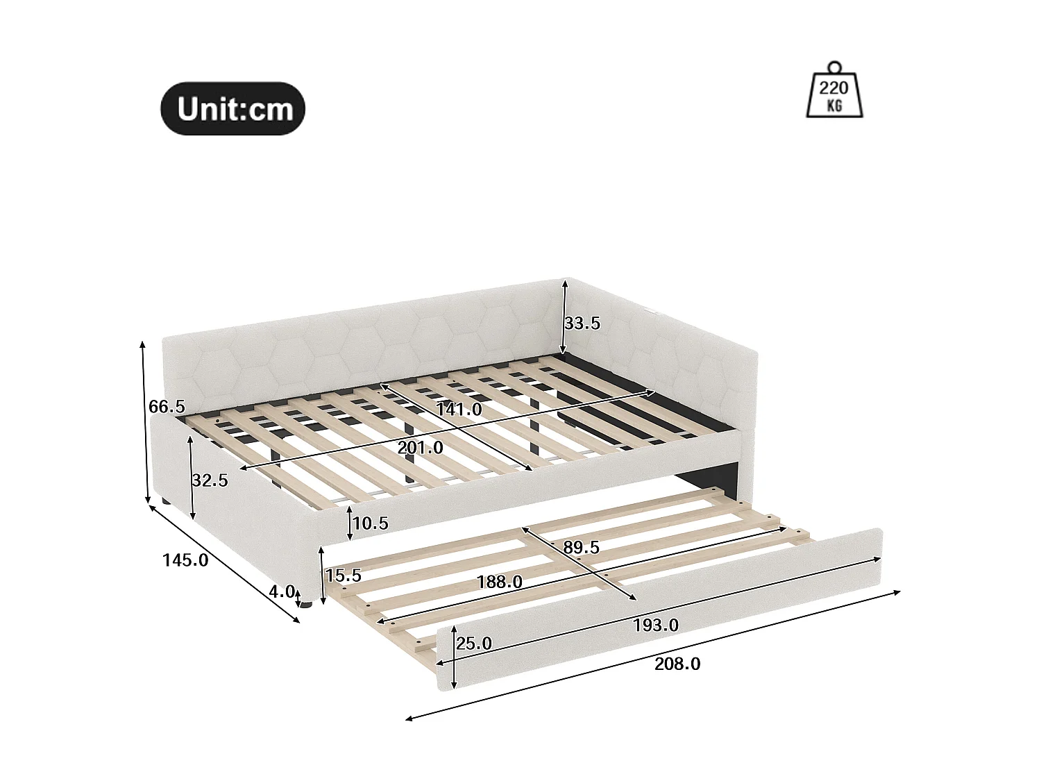 Sofa rozkładana 140x200 cm, biały plusz, wysuwane łóżko z lampką nocną i USB – bez materaca