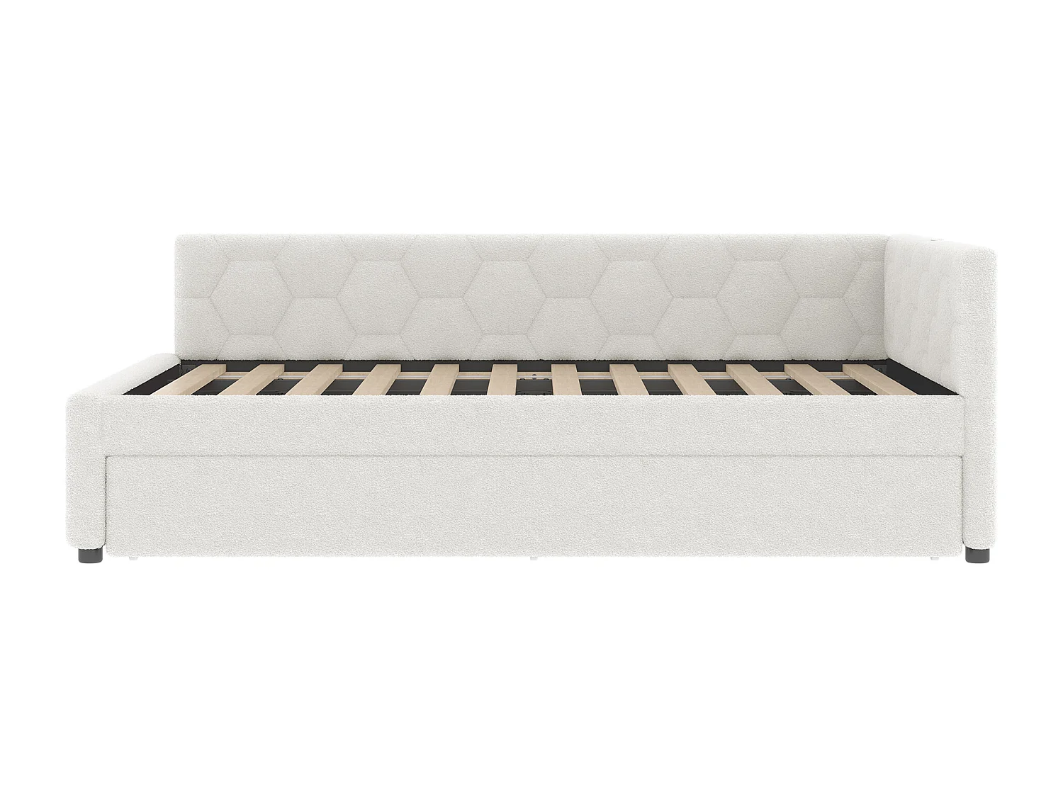 Sofa rozkładana 140x200 cm, biały plusz, wysuwane łóżko z lampką nocną i USB – bez materaca
