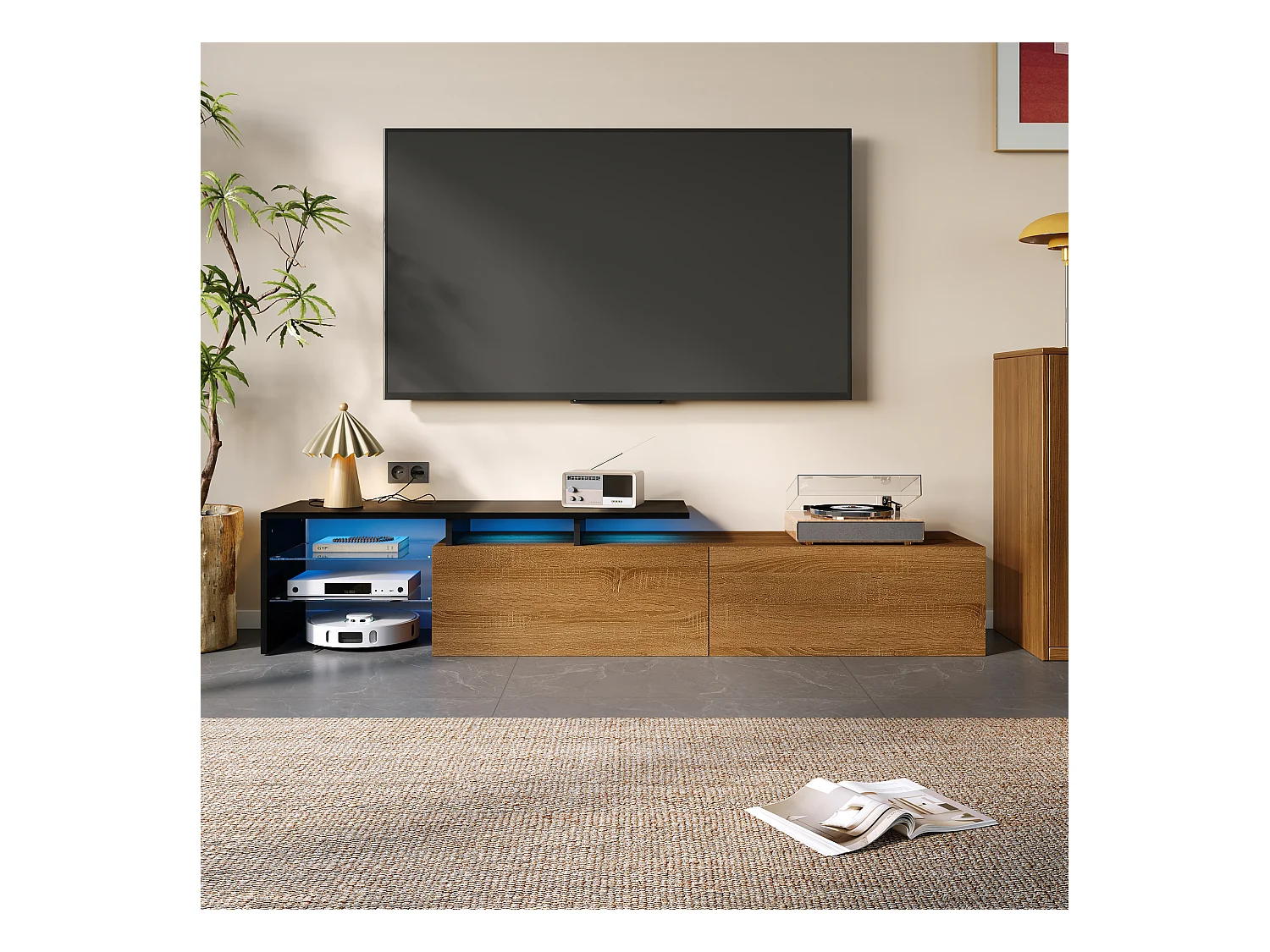 Meuble TV de salon, aspect noir et bois, avec étagères en verre et 2 tiroirs - éclairage LED