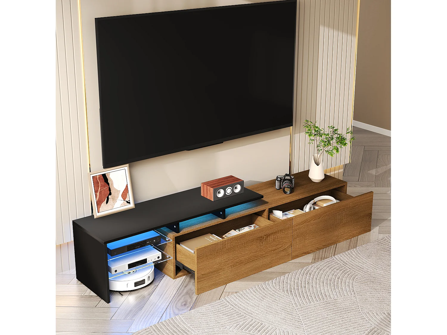 Meuble TV de salon, aspect noir et bois, avec étagères en verre et 2 tiroirs - éclairage LED