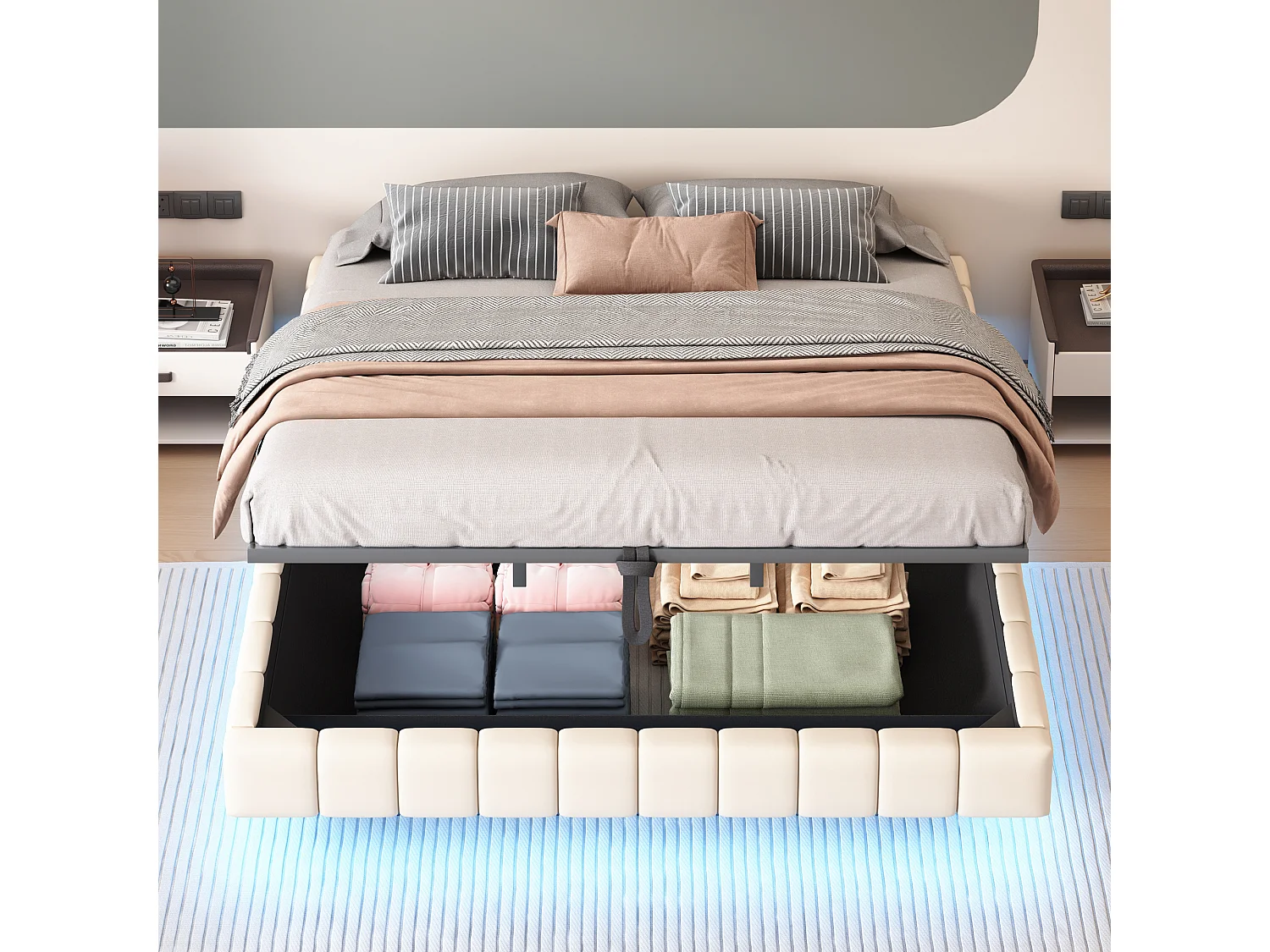 Lit double coffre 180x200 cm avec éclairage LED réglable, beige lin - sans matelas (sans tête de lit)