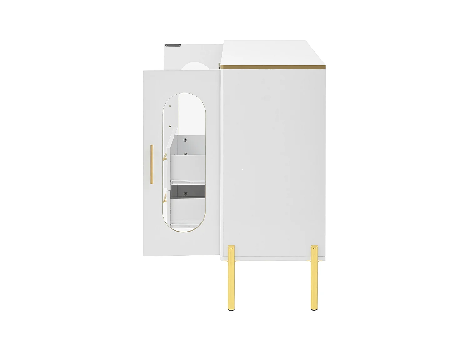 Buffet blanc avec 2 tiroirs, portes vitrées et casier à vin, poignées et pieds dorés - pour salle à manger et salon