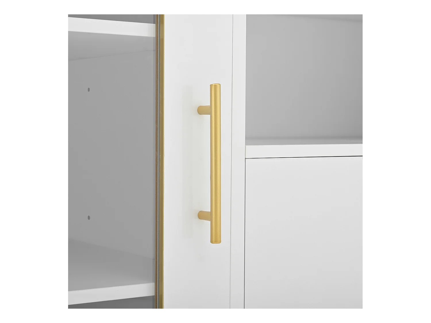 Buffet blanc avec 2 tiroirs, portes vitrées et casier à vin, poignées et pieds dorés - pour salle à manger et salon