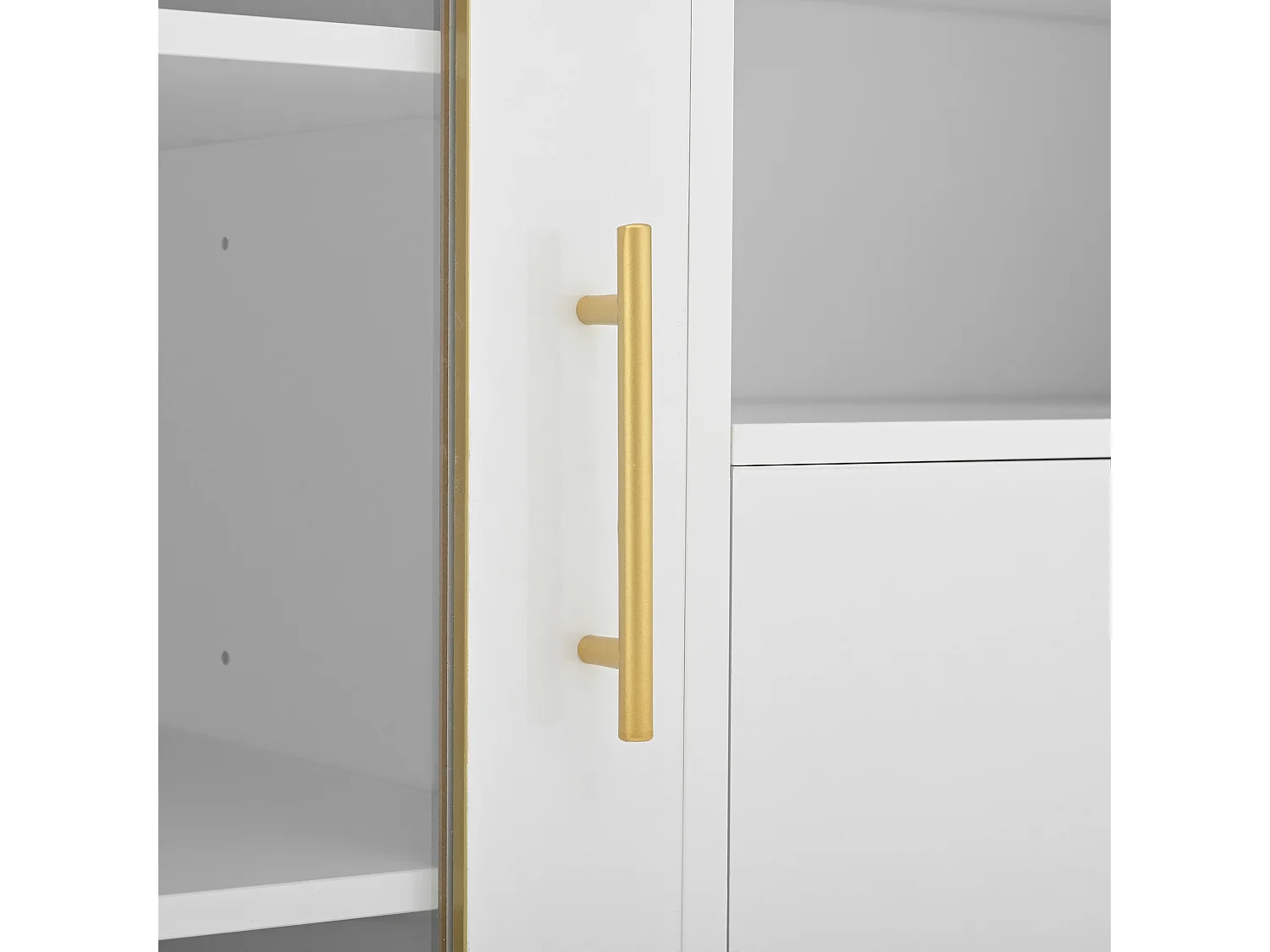 Buffet blanc avec 2 tiroirs, portes vitrées et casier à vin, poignées et pieds dorés - pour salle à manger et salon