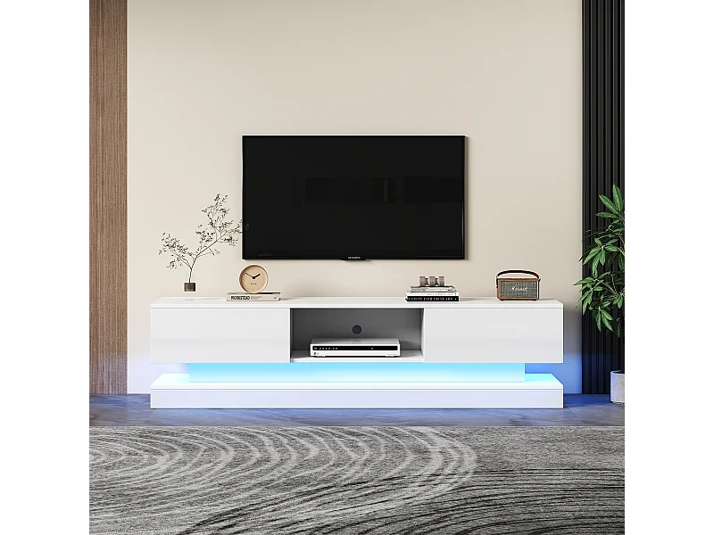 Mueble de TV blanco de 160 cm con 2 cajones y compartimentos abiertos, iluminación LED