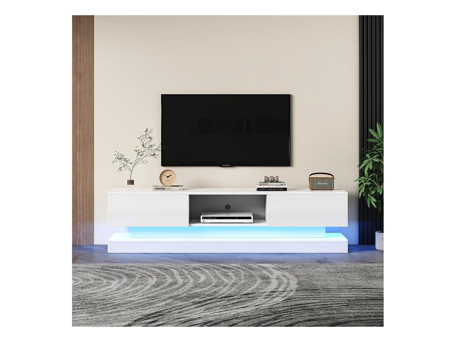 Meuble TV blanc avec 2 tiroirs et compartiments de rangement ouverts, éclairage LED