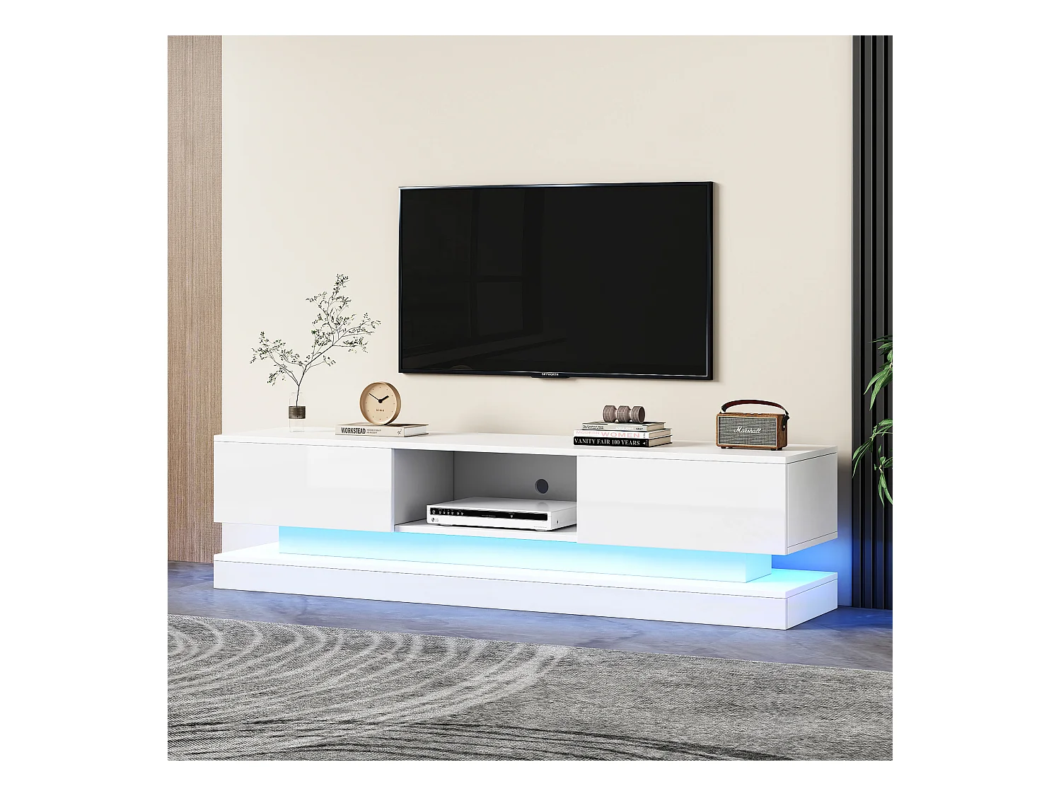 Meuble TV blanc avec 2 tiroirs et compartiments de rangement ouverts, éclairage LED