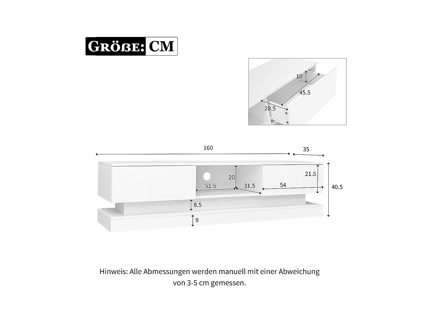 Meuble TV blanc avec 2 tiroirs et compartiments de rangement ouverts, éclairage LED