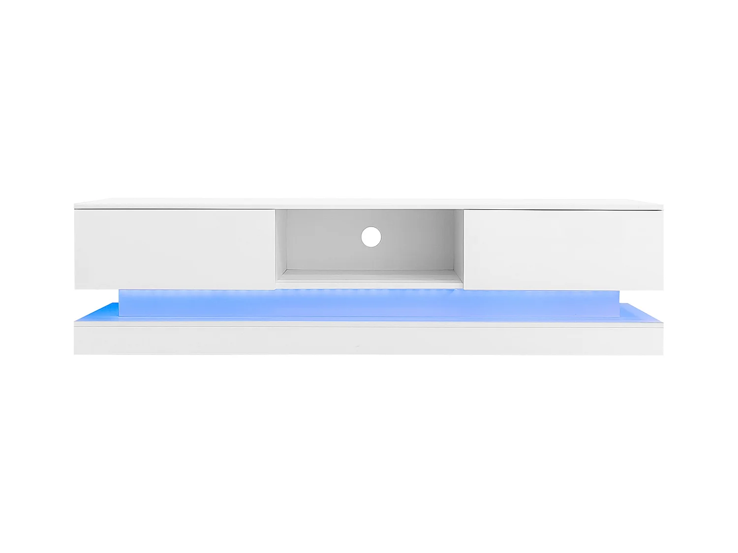 Meuble TV blanc avec 2 tiroirs et compartiments de rangement ouverts, éclairage LED