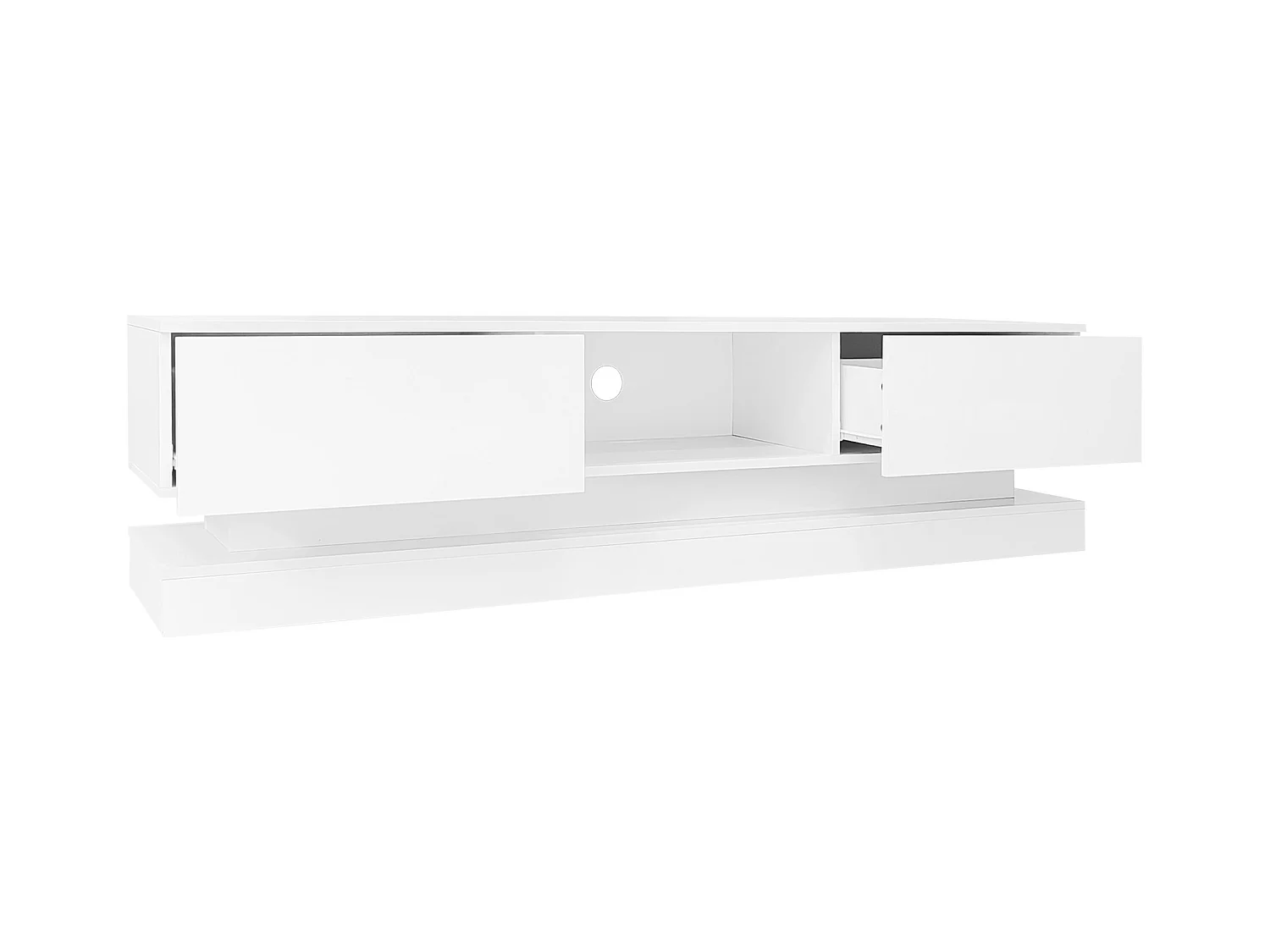 Meuble TV blanc avec 2 tiroirs et compartiments de rangement ouverts, éclairage LED