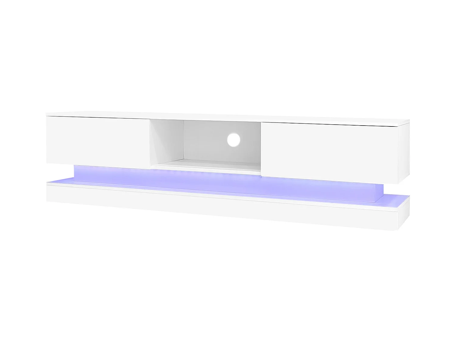 Meuble TV blanc avec 2 tiroirs et compartiments de rangement ouverts, éclairage LED