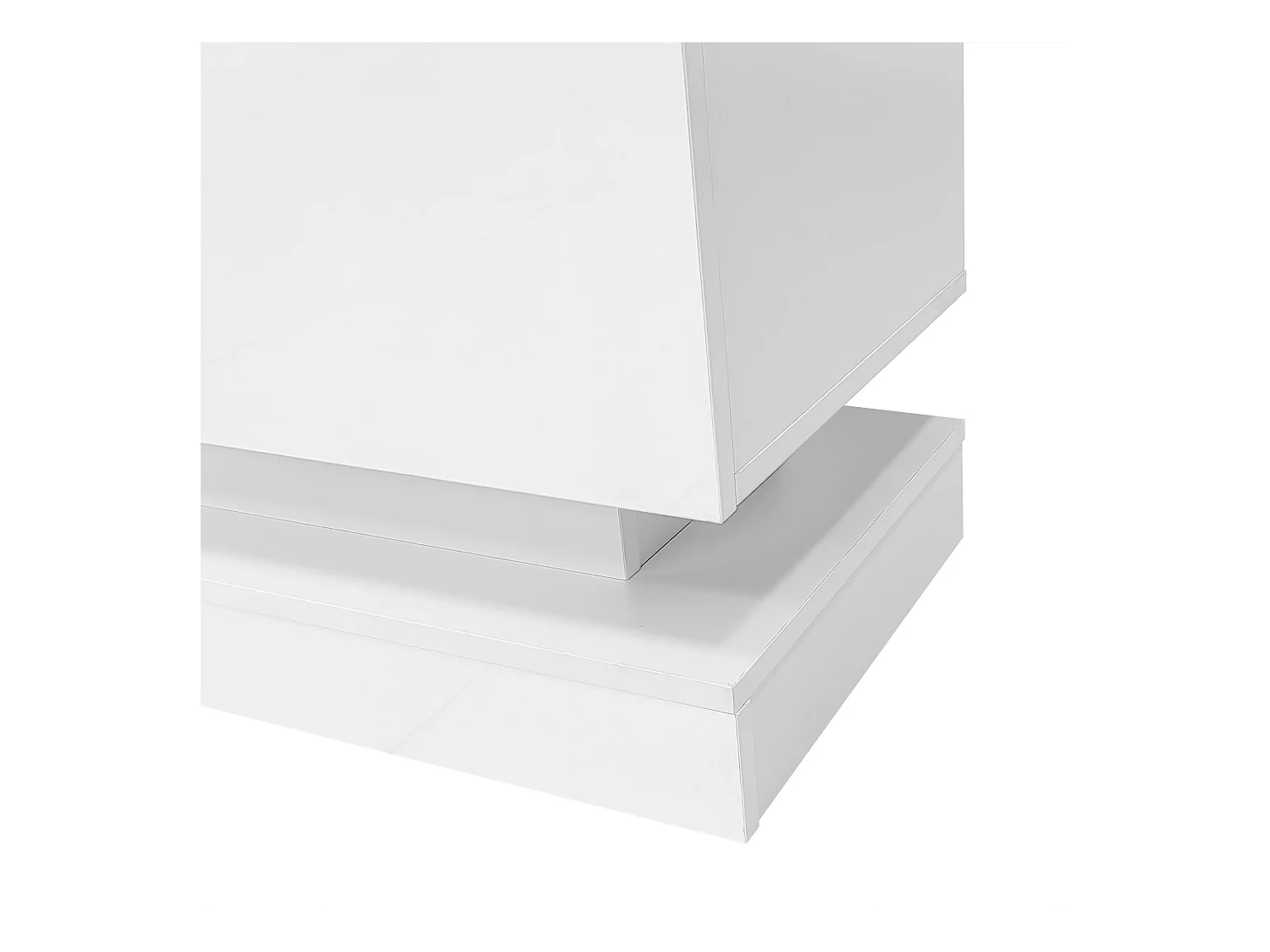 Meuble TV blanc avec 2 tiroirs et compartiments de rangement ouverts, éclairage LED