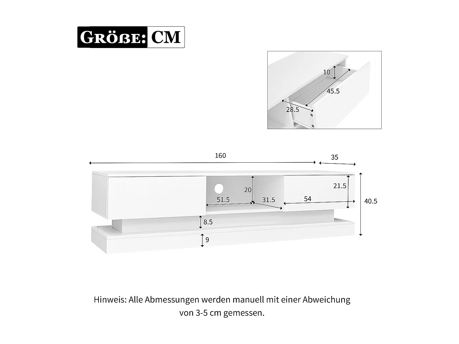 Meuble TV blanc avec 2 tiroirs et compartiments de rangement ouverts, éclairage LED