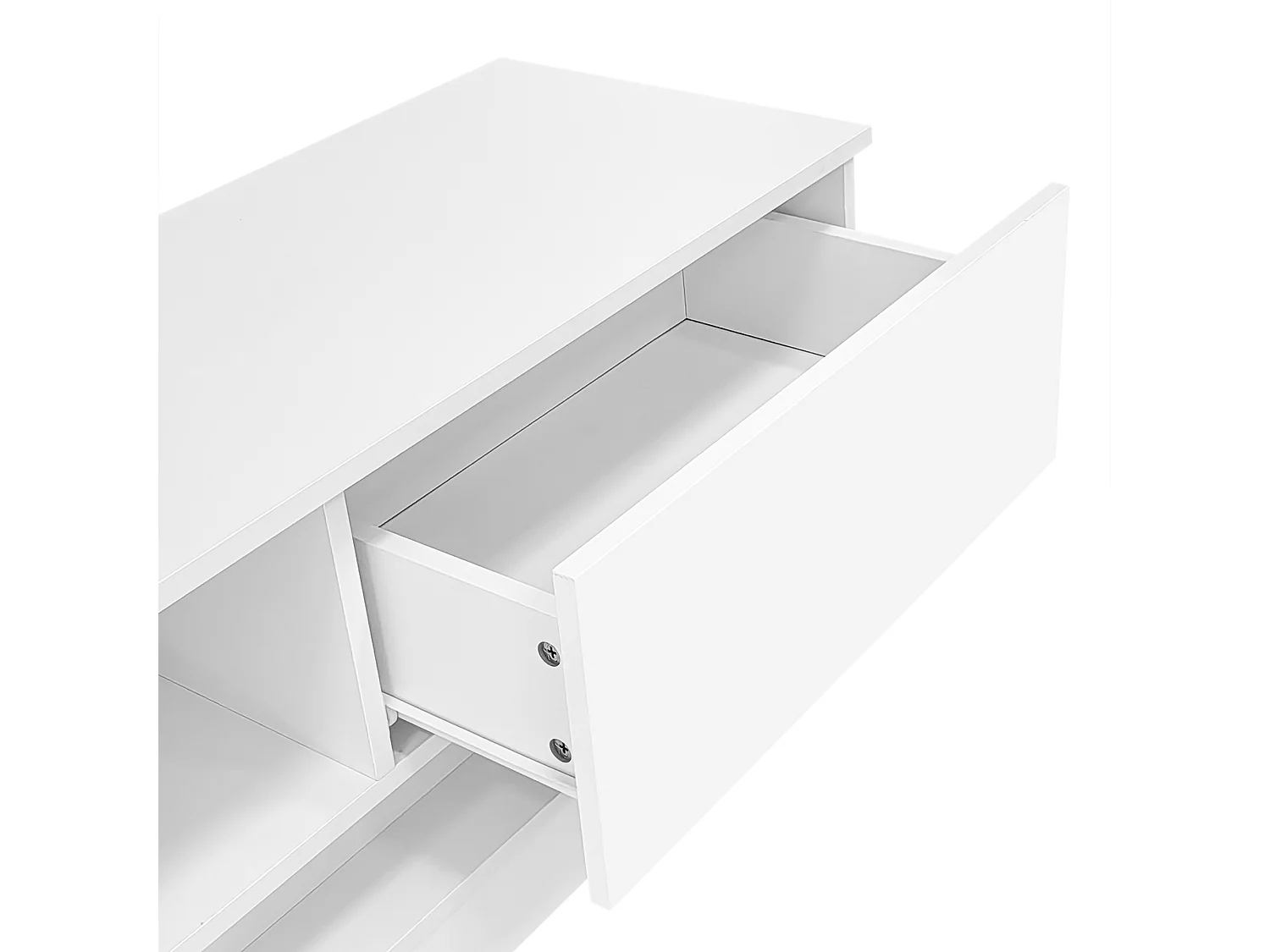 Meuble TV blanc avec 2 tiroirs et compartiments de rangement ouverts, éclairage LED