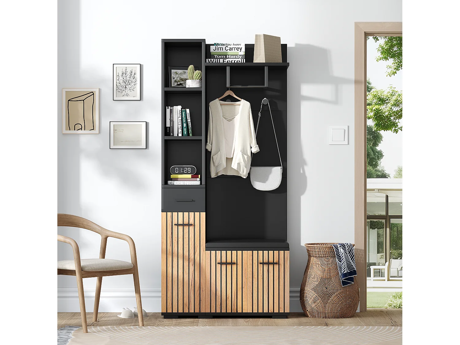 Porte-manteau noir et bois naturel avec patères, banc à chaussures et rangement