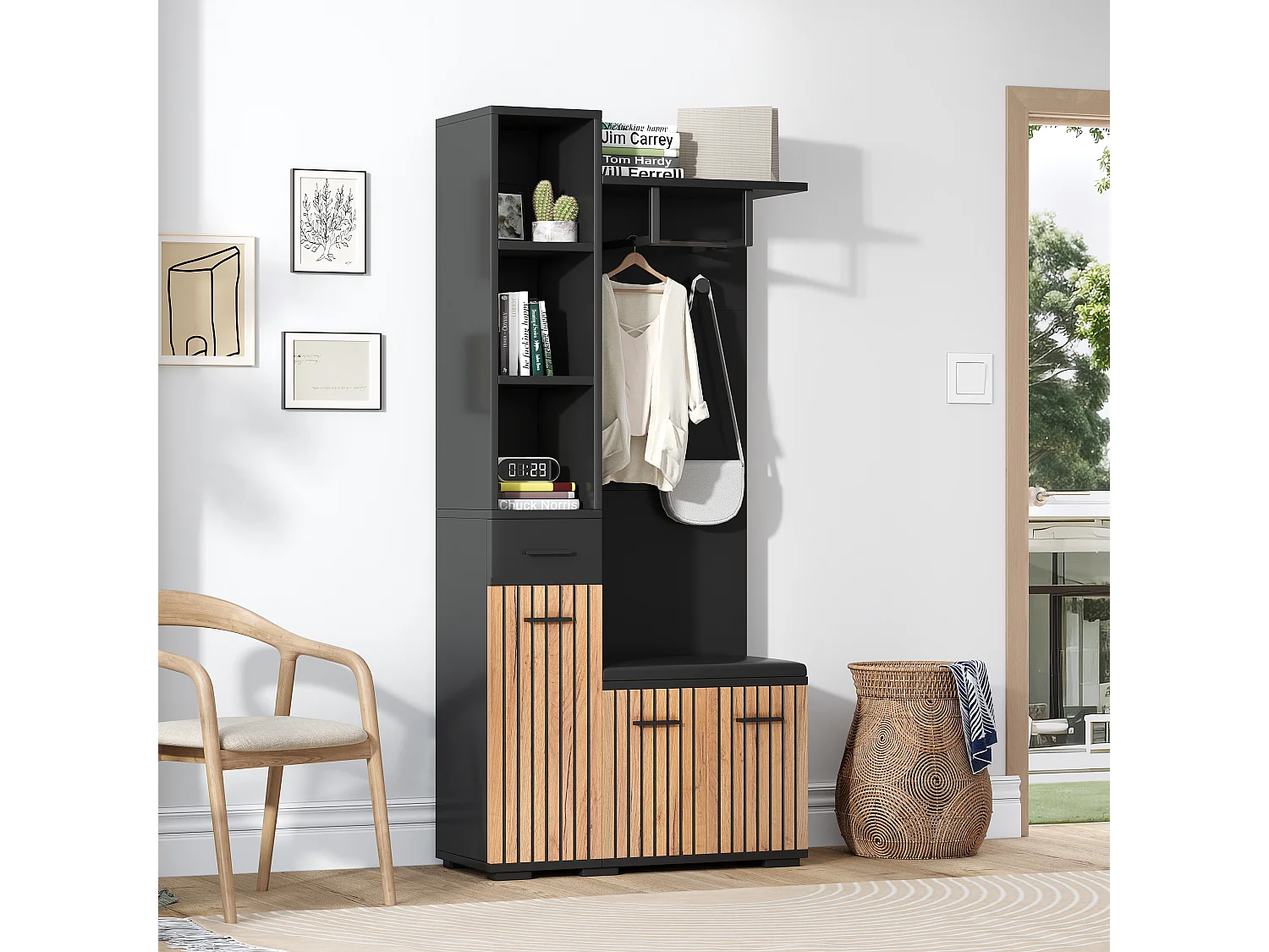 Porte-manteau noir et bois naturel avec patères, banc à chaussures et rangement